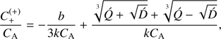 Mathematical equation: $ \begin{aligned} \frac{C_+^{(+)}}{C_\mathrm{A}}={-}\frac{b}{3k C_\mathrm{A}}+\frac{\root 3 \of {\acute{Q}+\sqrt{\acute{D}}}+\root 3 \of {\acute{Q}-\sqrt{\acute{D}}}}{k C_\mathrm{A}}, \end{aligned} $