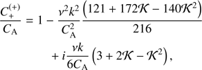Mathematical equation: $ \begin{aligned}&\frac{C_+^{(+)}}{C_\mathrm{A}}=1-\frac{\nu ^2 k^2}{ C_\mathrm{A}^2}\frac{\left(121+172 \mathcal{K}-140 \mathcal{K}^2\right)}{216}\nonumber \\&\qquad \qquad +i \frac{\nu k}{6 C_\mathrm{A}}\left(3+2\mathcal{K} - \mathcal{K}^2\right), \end{aligned} $