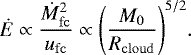 Mathematical equation: \begin{align*} {\dot{E} \propto \dfrac{\dot{M}_{\mathrm{fc}}^{2}}{u_{\mathrm{fc}}} \propto \Bigg({\dfrac{M_{0}}{R_{\mathrm{cloud}}}}\Bigg)^{5/2}}. \end{align*}