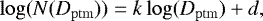 Mathematical equation: \begin{equation*}\log(N(D_{\mathrm{ptm}})) = k\log(D_{\mathrm{ptm}}) + d, \end{equation*}