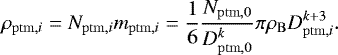 Mathematical equation: \begin{equation*} \rho_{\mathrm{ptm,}i} = N_{\mathrm{ptm,}i} m_{\mathrm{ptm,}i} = \frac{1}{6}\frac{N_{\mathrm{ptm,0}}}{D_{\mathrm{ptm,0}}^k} \pi\rho_{\mathrm{B}} D_{\mathrm{ptm,}i}^{k+3}. \end{equation*}