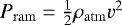 Mathematical equation: $P_{\mathrm{ram}} = \frac{1}{2}\rho_{\mathrm{atm}}v^2$