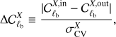 Mathematical equation: $$ \mathrm\Delta C_{\operatorname\ell_\mathrm b}^\mathrm X\equiv\frac{\vert C_{\operatorname\ell_\mathrm b}^{\mathrm X,\text{in}}-C_{\operatorname\ell_\mathrm b}^{\mathrm X,\text{out}}\vert}{\sigma_\text{CV}^\mathrm X}, $$