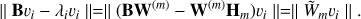 Mathematical equation: $$ \vert\vert{\mathbf B}_{\upsilon i}-\lambda_i\upsilon_i\vert\vert=\vert\vert{(\mathbf{BW}^{(m)}-\mathbf W^{(m)}{\mathbf H}_m)}\upsilon_i\vert\vert=\vert\vert{\widetilde{\mathbf W}}_m\upsilon_i\vert\vert. $$