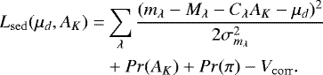 Mathematical equation: \begin{align*} L_{\mathrm{sed}}(\mu_d, A_K) =& \sum_{\lambda} \frac{(m_{\lambda} - M_{\lambda} - C_{\lambda} A_K - \mu_d)^2}{2 \sigma_{m_{\lambda}}^2} \nonumber \\ &+ Pr(A_K) + Pr(\pi) - V_{\mathrm{corr}}.\end{align*}