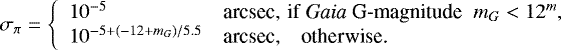 Mathematical equation: \begin{equation*} \sigma_{\pi} = \left\{ \begin{array}{ll} 10^{-5}\,&\textrm{arcsec,\,\,if \emph{Gaia} G-magnitude }\,\, m_G < 12^m, \\ 10^{-5 + (-12 + m_G) / 5.5}&\textrm{arcsec,\quad otherwise.} \end{array}\right.\end{equation*}