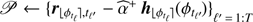 Mathematical equation: $ \mathcal{P} \leftarrow \{ {{\boldsymbol{r}}_{\lfloor{\phi _{{t_l}}}\rfloor,{t_{\ell\prime}}}} - {\widehat \alpha ^ + }{{{\boldsymbol{h}}_{\lfloor{\phi _{{t_\ell}}}\rfloor}}({\phi _{{t_{\ell\prime}}}})\} _{\ell\prime = 1:T}} $
