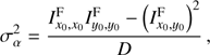 Mathematical equation: $$ \begin{aligned} \sigma _{\alpha }^2&= \frac{I_{x_0,x_0}^\mathrm{F} I_{y_0,y_0}^\mathrm{F} - \left( I_{x_0,y_0}^\mathrm{F} \right) ^2}{D} \,,\end{aligned} $$