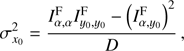 Mathematical equation: $$ \begin{aligned} \sigma _{x_0}^2&= \frac{I_{\alpha ,\alpha }^\mathrm{F} I_{y_0,y_0}^\mathrm{F} - \left( I_{\alpha ,y_0}^\mathrm{F} \right) ^2}{D} \,,\end{aligned} $$