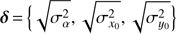 Mathematical equation: $ {{\mathbf{\delta}}}\,{=}\,\Big\{{\displaystyle{\sqrt{\sigma_{\alpha}^2}}, {{\sqrt{\sigma_{x_0}^2}}}, {\sqrt{\sigma_{y_0}^2}}}\Big\} $