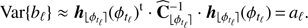 Mathematical equation: $$ \begin{aligned} \mathrm{Var}\{b_{\ell }\} \approx \boldsymbol{h}_{{\lfloor \phi _{t_\ell }\rceil }}(\phi _{t_\ell })^{\mathrm{t} }\cdot \widehat{\mathbf{C }}_{{\lfloor \phi _{t_\ell }\rceil }}^{-1}\cdot \boldsymbol{h}_{{\lfloor \phi _{t_\ell }\rceil }}(\phi _{t_\ell })\,{=}\,a_{\ell }. \end{aligned} $$
