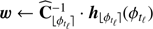 Mathematical equation: $ {\boldsymbol{w}} \leftarrow {\widehat{\boldsymbol{C}}}_{\lfloor {\phi}_{t_{\ell}}\rfloor}^{-1} \cdot {\boldsymbol{h}}_{\lfloor \phi_{t_{\ell}}\rfloor} (\phi_{t_{\ell}}) $