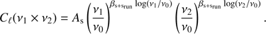 Mathematical equation: $ {C_\ell }({\nu _1} \times {\nu _2}) = {A_{\rm{s}}}{\left( {\frac{{{\nu _1}}}{{{\nu _0}}}} \right)^{{\beta _{{\rm{s + }}{{\rm{s}}_{{\rm{run}}}}}}\log ({\nu _1}/{\nu _0})}}{\left( {\frac{{{\nu _2}}}{{{\nu _0}}}} \right)^{{\beta _{{\rm{s + }}{{\rm{s}}_{{\rm{run}}}}}}\log ({\nu _2}/{\nu _0})}}. $