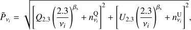 Mathematical equation: $ {\tilde P_{{\nu _i}}} = \sqrt {{{\left[ {{Q_{2.3}}{{\left( {\frac{{2.3}}{{{\nu _i}}}} \right)}^{{\beta _{\rm{s}}}}} + n_{{\nu _i}}^{\rm{Q}}} \right]}^2} + {{\left[ {{U_{2.3}}{{\left( {\frac{{2.3}}{{{\nu _i}}}} \right)}^{{\beta _{\rm{s}}}}} + n_{{\nu _i}}^{\rm{U}}} \right]}^2}} , $