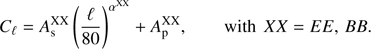 Mathematical equation: $ {C_\ell } = A_{\rm{s}}^{{\rm{XX}}}{\left( {\frac{\ell }{{80}}} \right)^{{\alpha ^{{\rm{XX}}}}}} + A_{\rm{p}}^{{\rm{XX}}},\,\,\,\,\,\,\,\,\,\,\,\,{\rm{with }}\,XX = EE,\,BB. $