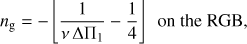 Mathematical equation: $$ \begin{aligned} {n_\mathrm{g }}&= - \left\lfloor {{1\over \nu \,\Delta \Pi _1} - {1\over 4}}\right\rfloor \mathrm{on\,the\,RGB,}\end{aligned} $$