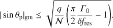 Mathematical equation: $$ \begin{aligned} |\sin \theta _\mathrm{p }|_\mathrm{gm } \le \sqrt{{q \over \mathcal N } \left( {\pi \over 2} {{{\Gamma }}_0 \over \delta f_\mathrm{res }} -1\right)} . \end{aligned} $$
