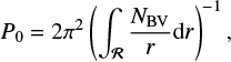Mathematical equation: $$\begin{equation} P_0=2\pi^2\left(\int_{\mathcal{R}} \frac{N_\mathrm{BV}}{r}\mathrm{d}r\right)^{-1}, \end{equation} $$