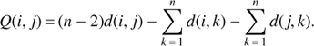 Mathematical equation: $ \begin{aligned} Q(i,j)\,{=}\,(n-2)d(i,j) - \sum _{k\,{=}\,1}^{n}d(i,k) - \sum _{k\,{=}\,1}^{n}d(j,k) . \end{aligned} $