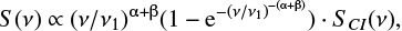 Mathematical equation: $$ \begin{equation} S(\nu)\propto (\nu/\nu_1)^{{\rm {\alpha}} + {\rm{\beta}}}(1-{\rm e}^{{-(\nu/\nu_1)}^{-({\rm {\alpha}} + {\rm{\beta}})}})\cdot S_{CI}(\nu), \label{eqSPSUNDSCRssa} \end{equation} $$