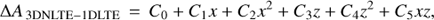 Mathematical equation: $$\Delta {A_{{\rm{3DNLTE - 1DLTE}}}}{\mkern 1mu} = {\mkern 1mu} {C_0} + {C_1}x + {C_2}{x^2} + {C_3}z + {C_4}{z^2} + {C_5}xz,$$