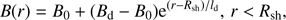 Mathematical equation: $$B\left( r \right) = {B_0} + \left( {{B_{\rm{d}}} - {B_0}} \right){{\rm{e}}^{\left( {r - {R_{{\rm{sh}}}}} \right)/{l_{\rm{d}}}}},{\mkern 1mu} {\rm{ }}r < {R_{{\rm{sh}}}},$$