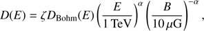 Mathematical equation: $$D(E) = \zeta {D_{{\rm{Bohm}}}}\left( E \right){\left( {{E \over {1{\mkern 1mu} {\rm{TeV}}}}} \right)^\alpha }{\left( {{B \over {10{\mkern 1mu} \mu {\rm{G}}}}} \right)^{ - \alpha }},$$