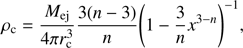 Mathematical equation: $${\rho _{\rm{c}}} = {{{M_{{\rm{ej}}}}} \over {4\pi r_{\rm{c}}^3}}{{3\left( {n - 3} \right)} \over n}{\left( {1 - {3 \over n}{x^{3 - n}}} \right)^{ - 1}},$$