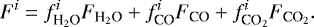 Mathematical equation: \begin{equation*} F^i = f^i_{\textrm{H}_2\textrm{O}} F_{\textrm{H}_2\textrm{O}} + f^i_{\textrm{CO}} F_{\textrm{CO}} + f^i_{\textrm{CO}_2} F_{\textrm{CO}_2} .\end{equation*}