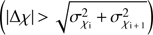 Mathematical equation: $ \left( {|\Delta \chi |\; > \sqrt {\sigma _{\chi _{\rm i} }^2 + \sigma _{\chi _{{\rm i} {\rm 1}} }^2 } } \right)$