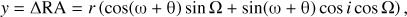 Mathematical equation: $ \begin{aligned} {y}&= \Delta \text{ RA} = r\left(\cos (\omega + \theta )\sin {{\Omega }} + \sin (\omega + \theta )\cos i \cos {{\Omega }} \right), \end{aligned} $