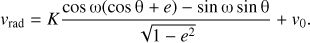 Mathematical equation: $ \begin{aligned} {v}_\text{ rad} = K \frac{\cos {\omega }(\cos {\theta }+e)-\sin {\omega }\sin {\theta }}{\sqrt{1-e^2}} + {v}_0. \end{aligned} $