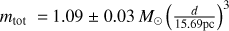 Mathematical equation: $ m_\text{ tot} =1.09 \pm 0.03\,{M_{\odot}} \left(\frac{d}{15.69 \text{ pc}}\right)^3 $