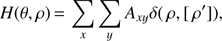 Mathematical equation: $ \begin{aligned} H(\theta ,\rho )\,{=}\,\sum _{x}\sum _{y}A_{xy}\delta (\rho , [\rho ^{\prime }]) ,\end{aligned} $