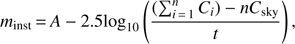 Mathematical equation: $ \begin{aligned} m_\mathrm{inst}\,{=}\,A-2.5\mathrm{log}_{10}\left(\frac{(\sum _{i\,{=}\,1}^nC_i)-nC_\mathrm{sky}}{t}\right) ,\end{aligned} $