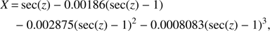 Mathematical equation: $ \begin{aligned}&X\,{=}\,\mathrm{sec}(z)-0.00186(\mathrm{sec}(z)-1) \\&\quad -0.002875(\mathrm{sec}(z)-1)^2 - 0.0008083(\mathrm{sec}(z)-1)^3 \nonumber , \end{aligned} $