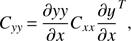 Mathematical equation: $ \begin{aligned} C_{{ y}{ y}}\,{=}\,\frac{\partial { y}{ y}}{\partial x}C_{xx}\frac{\partial y}{\partial x}^{T} ,\end{aligned} $