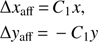 Mathematical equation: $ \begin{aligned}&\Delta x_\mathrm{aff}\,{=}\,C_1x, \nonumber \\&\Delta { y}_\mathrm{aff}\,{=}\,-C_1{ y} \end{aligned} $