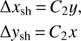 Mathematical equation: $ \begin{aligned}&\Delta x_\mathrm{sh}\,{=}\,C_2y, \nonumber \\&\Delta { y}_\mathrm{sh}\,{=}\,C_2x \end{aligned} $
