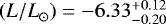 Mathematical equation: $\:({L/L}_{\odot}) = -6.33^{+0.12}_{-0.20}$