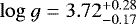 Mathematical equation: $\mathrm{log}\:{g}=3.72^{+0.28}_{-0.17}$