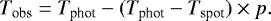 Mathematical equation: \begin{equation*} T_{\textrm{obs}}=T_{\textrm{phot}} - ( T_{\textrm{phot}} - T_{\textrm{spot}})\times p. \end{equation*}