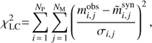 Mathematical equation: $ \chi _{{\rm LC}}^2 = \sum\limits_{i = 1}^{N_{\rm P} } {\sum\limits_{j = 1}^{N_{\rm M} } {\left( {{{m_{i, j}^{{\rm obs}} - \tilde m_{i, j}^{{\rm syn}} } \over {\sigma _{i, j} }}} \right)^2 } } , $