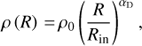 Mathematical equation: $ \rho \left( R \right) = \rho _0 \left( {{R \over {R_{{\rm in}} }}} \right)^{\alpha _{\rm D} } , $