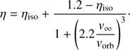 Mathematical equation: $$ \eta=\eta_\text{iso}+\frac{1.2-\eta_\text{iso}}{1+{\left(2.2\frac{v_\infty}{v_\text{orb}}\right)}^3}. $$