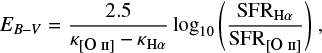 Mathematical equation: $\begin{equation}E_{B-V} = \frac{2.5}{\kappa_{\mathrm{[\textsc{O II}]}} - \kappa_{\mathrm{H}\alpha}} \log _{10} \Bigg(\frac{\mathrm{SFR}_{\mathrm{H\alpha}}}{\mathrm{SFR}_{\mathrm{[\textsc{O II}]}}} \Bigg)~, \end{equation}$
