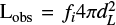 Mathematical equation: $ \mathrm{L}_{\mathrm{obs}} = f_i 4 \pi d_L^2 $