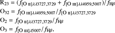 Mathematical equation: $$\begin{equation} \begin{aligned} &\mathrm{R}_{23} = (f_{\mathrm{[\textsc{O II}]} \lambda \lambda 3727,3729} + f_{\mathrm{[\textsc{O III}]} \lambda \lambda 4959,5007}) / f_{\mathrm{H}\beta} \\ &\mathrm{O}_{32} = f_{\mathrm{[\textsc{O III}]} \lambda \lambda 4959,5007} / f_{\mathrm{[\textsc{O II}]} \lambda \lambda 3727,3729} \\ &\mathrm{O}_2 = f_{[\mathrm{\textsc{O II}}]\lambda \lambda 3727,3729} / f_{\mathrm{H \beta}} \\ &\mathrm{O}_3 = f_{[\mathrm{\textsc{O III}}]\lambda 5007} / f_{\mathrm{H \beta}}, \end{aligned}\end{equation} $$