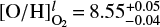 Mathematical equation: $ [\mathrm{O/H}]_{\mathrm{O}_2}^l {=} 8.55^{+0.05}_{-0.04} $