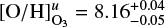 Mathematical equation: $ [\mathrm{O/H}]_{\mathrm{O}_3}^u = 8.16^{+0.04}_{-0.05} $